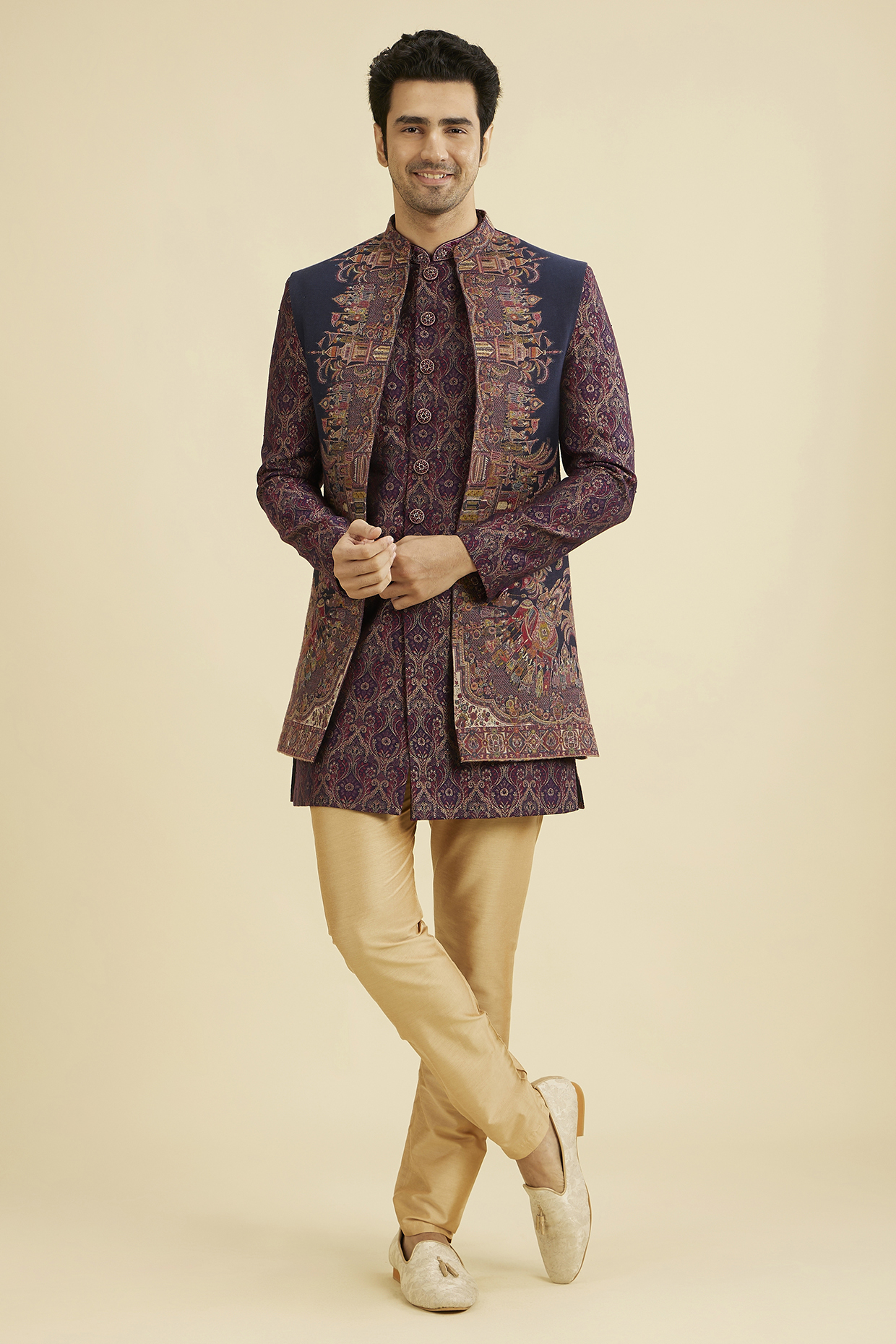 Wine Brocade Zardosi Hand Embroidered Indo-Western Set by Manyavar