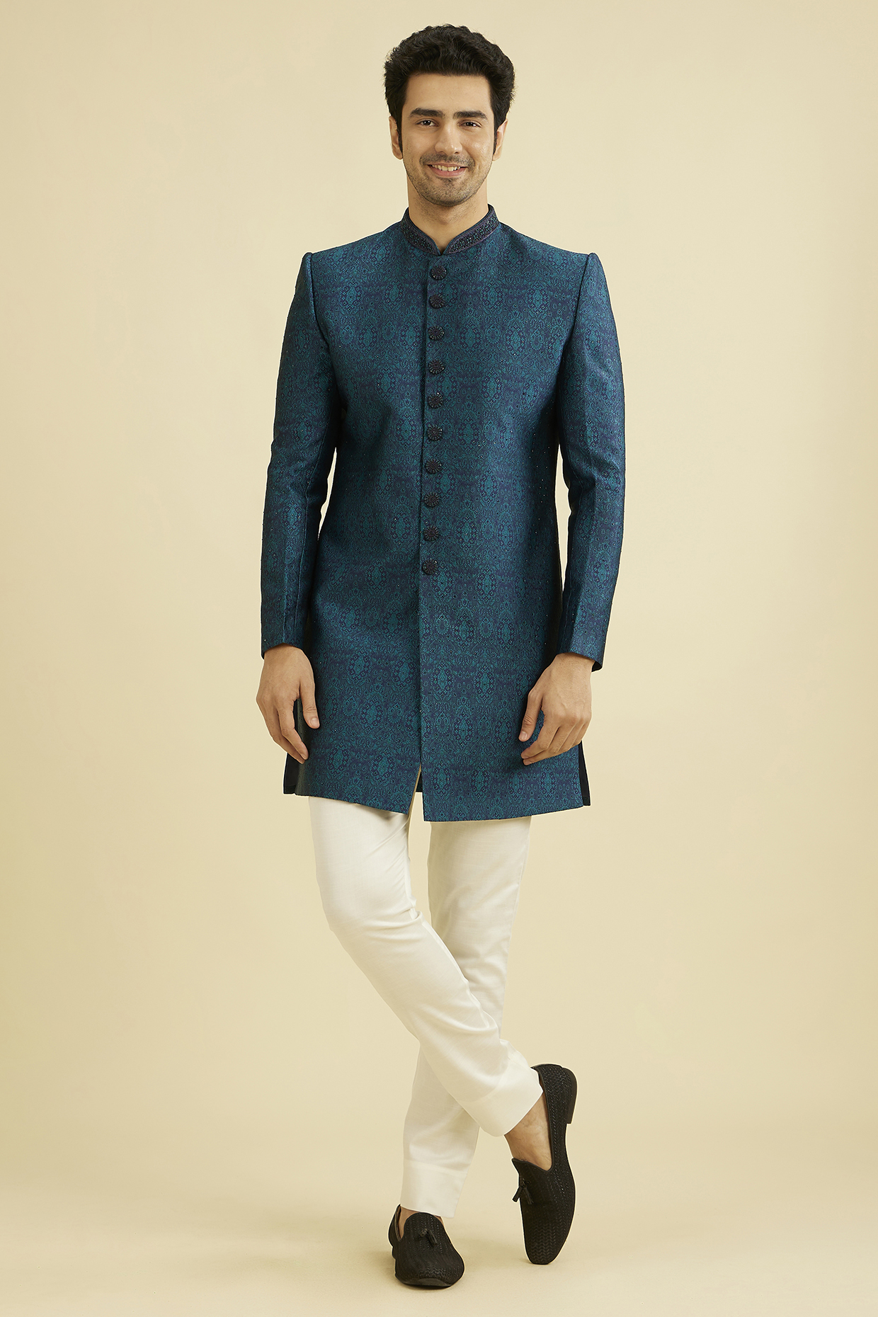 Blue Brocade Stone Work Indo-Western Set by Manyavar