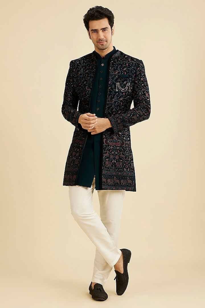 Green Velvet Thread Embroidered Indo-Western Set by Manyavar at Pernia's  Pop Up Shop