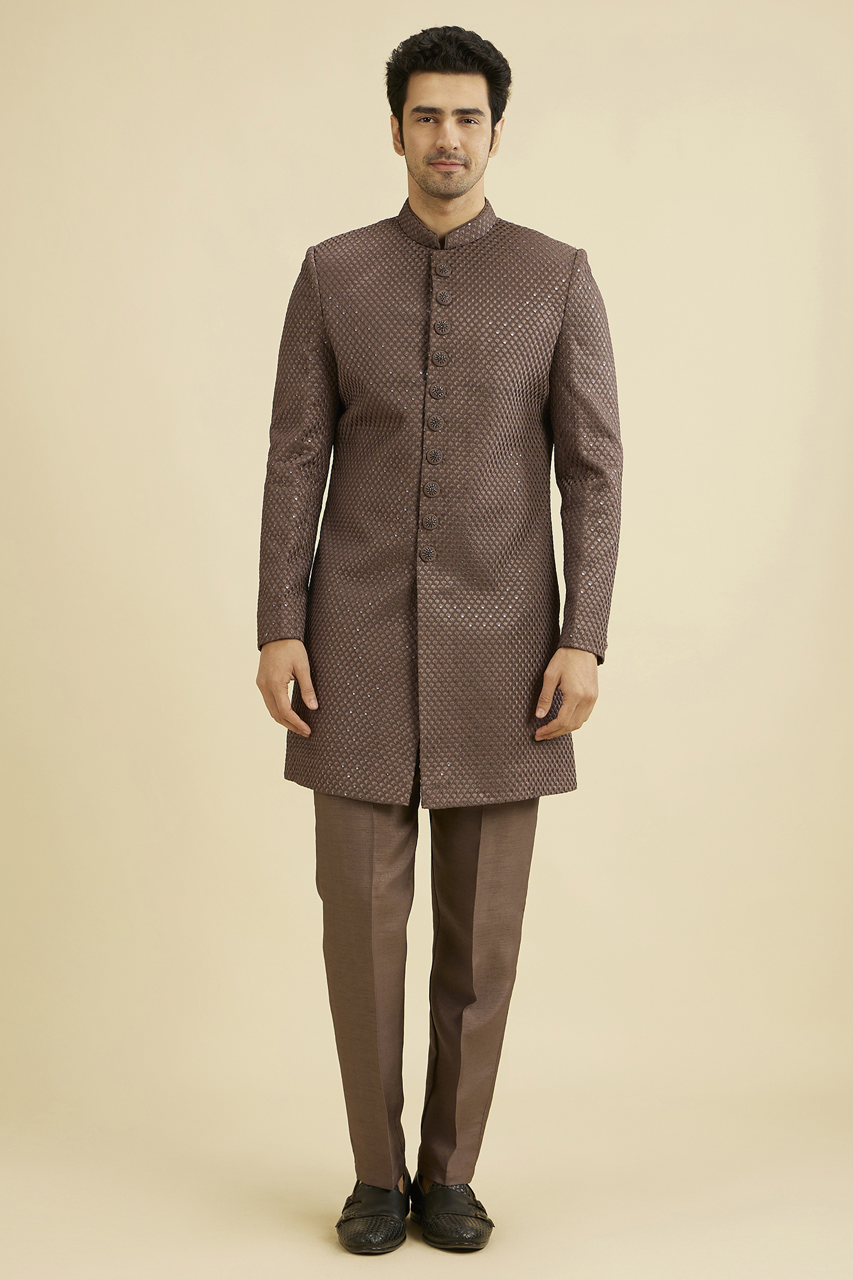 Brown Georgette Thread Embroidered Indo-Western Set by Manyavar