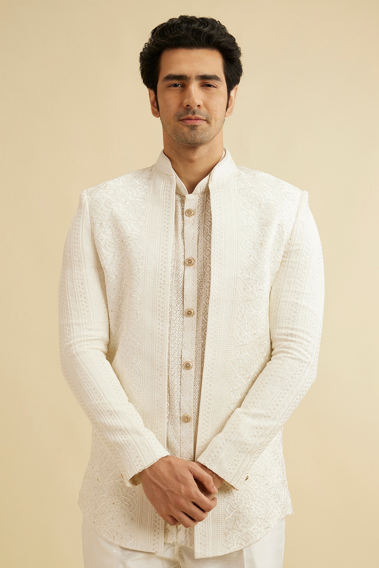 Warm White Georgette Self -Textured Indo-Western Set by Manyavar