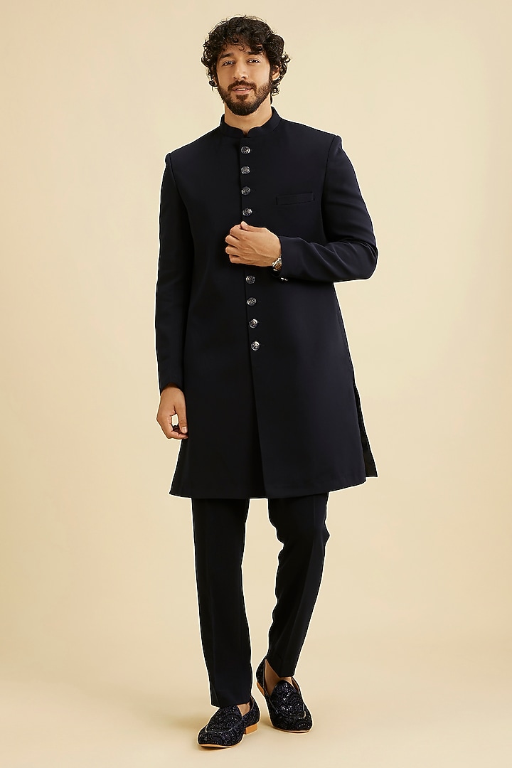 Blue Blended Rayon Printed Indo-Western Set by Manyavar at Pernia's Pop Up Shop