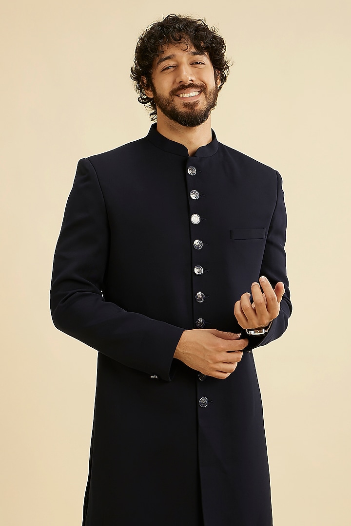 Blue Blended Rayon Printed Indo-Western Set by Manyavar at Pernia's Pop Up Shop