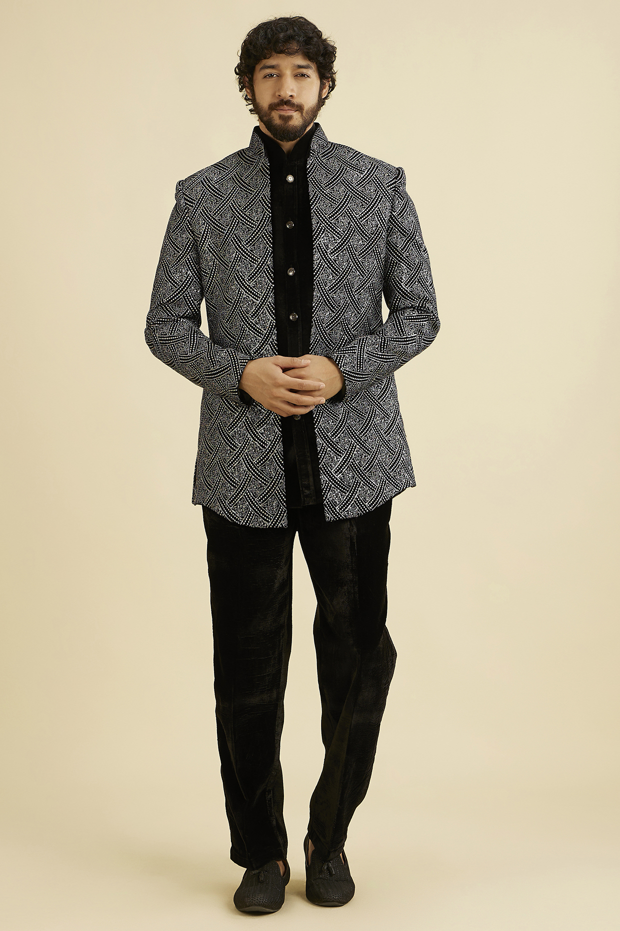 Black Velvet Thread Work Indo-Western Set by Manyavar at Pernia's Pop Up Shop