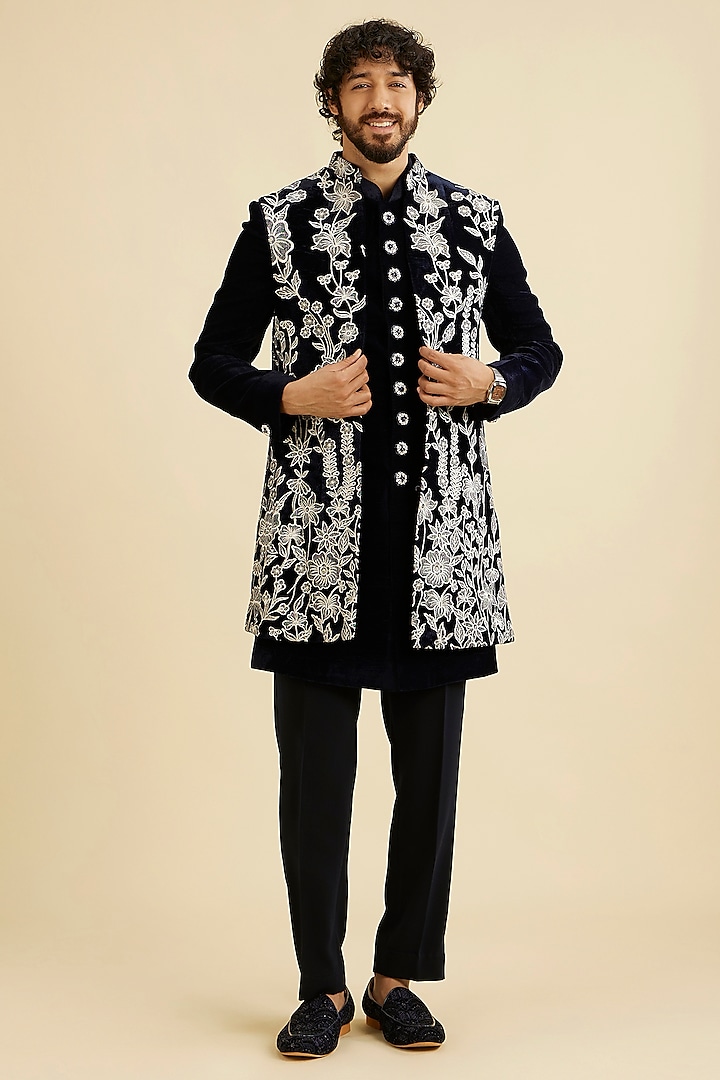 Black Velvet Thread Work Indo-Western Set by Manyavar at Pernia's