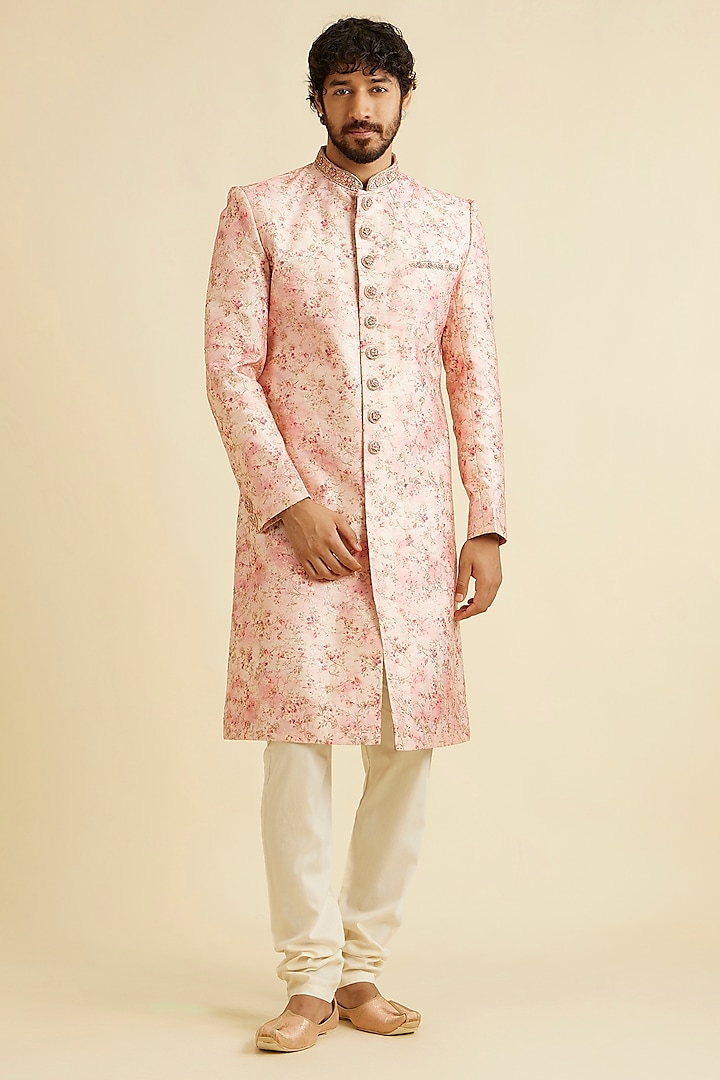 Pink Art Silk Zari Hand Embroidered Sherwani Set by Manyavar