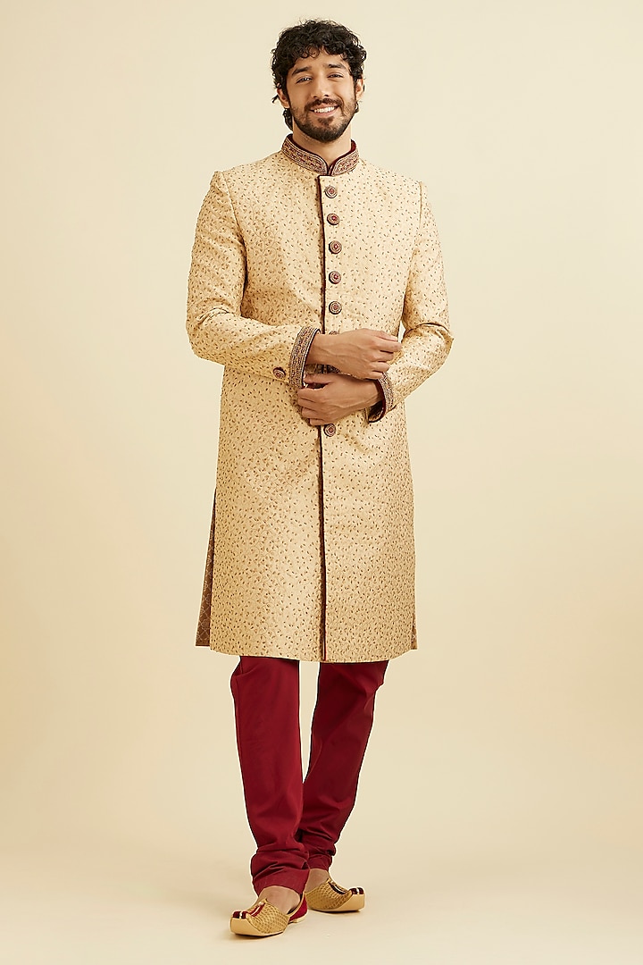 Fawn Art Silk Jacquard Hand Embroidered Sherwani Set by Manyavar