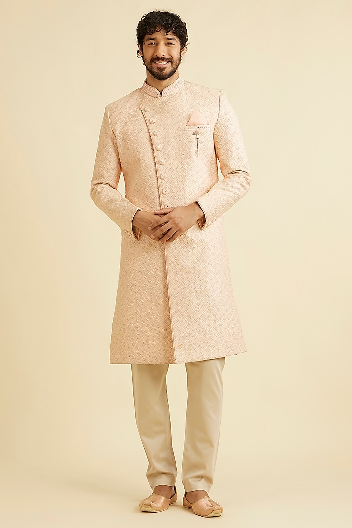 Peach Art Silk Hand Embroidered Sherwani Set by Manyavar