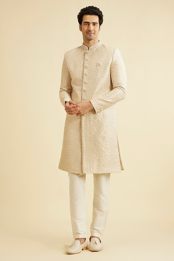 Beige Brocade Zardosi Embroidered Sherwani Set by Manyavar