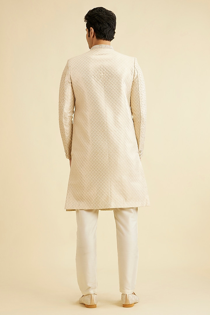 Beige Brocade Zardosi Embroidered Wedding Sherwani Set by Manyavar at Pernia's Pop Up Shop