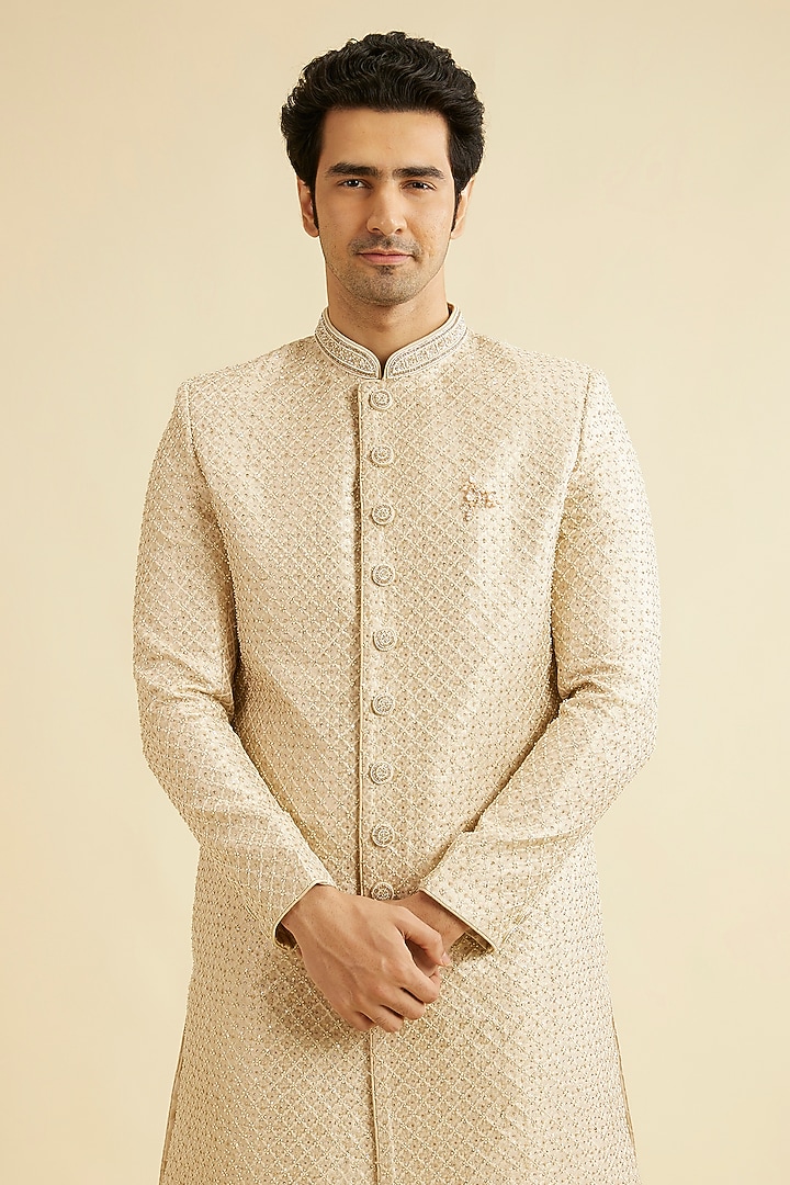 Beige Brocade Zardosi Embroidered Wedding Sherwani Set by Manyavar at Pernia's Pop Up Shop