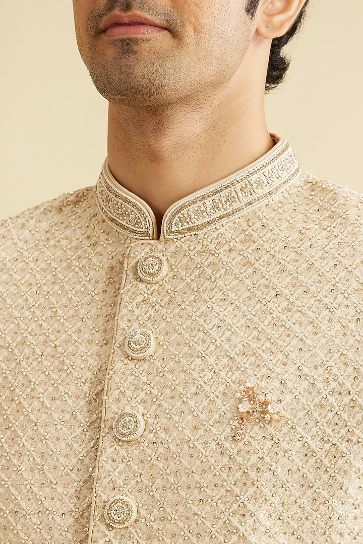 Beige Brocade Zardosi Embroidered Wedding Sherwani Set by Manyavar at Pernia's Pop Up Shop