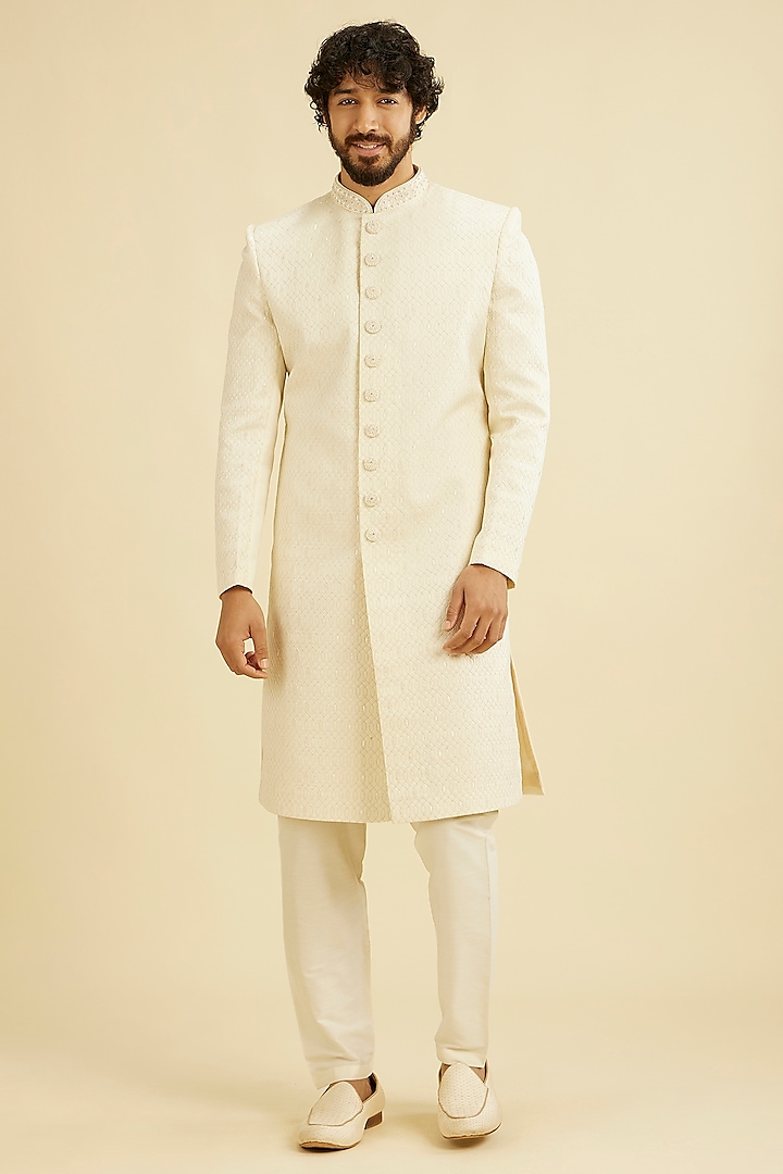 Cream Satin Zardosi Hand Embroidered Sherwani Set by Manyavar at Pernia's Pop Up Shop