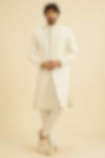 Warm White Art Silk Beads Work Sherwani Set by Manyavar at Pernia's Pop Up Shop