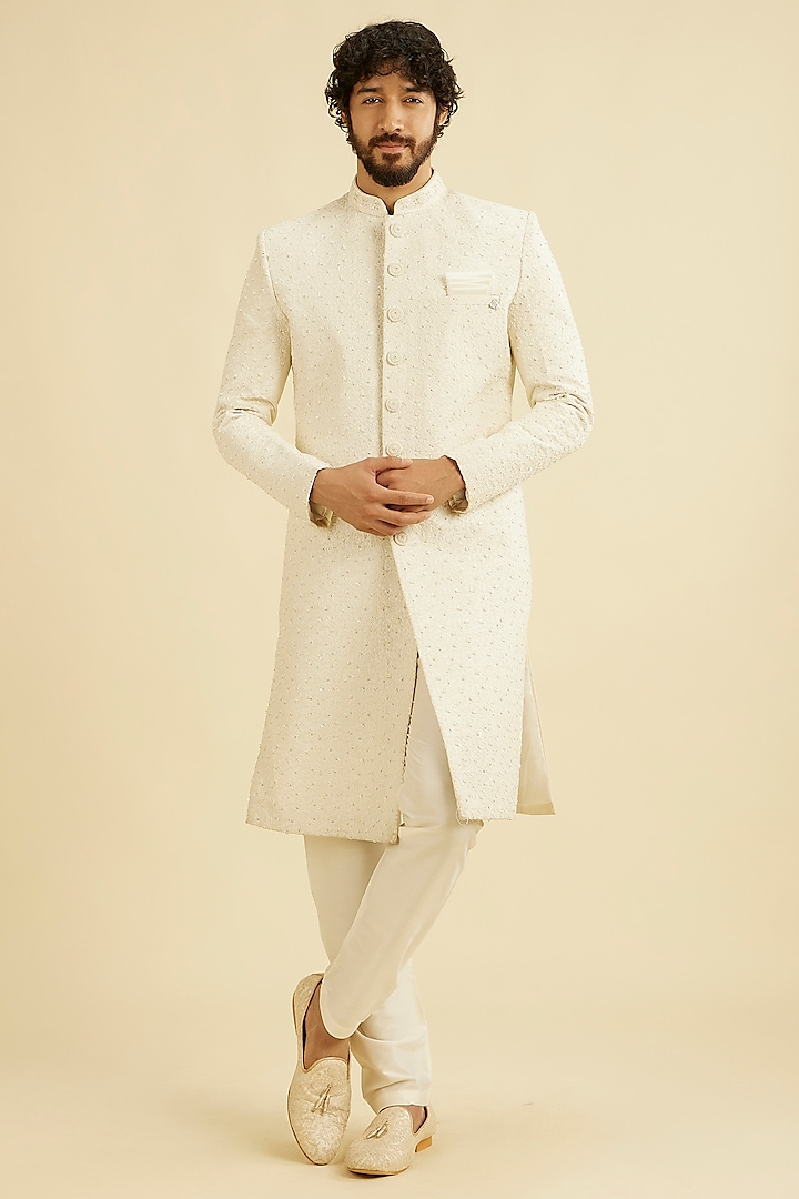 Warm White Art Silk Beads Work Sherwani Set by Manyavar at Pernia's Pop Up Shop