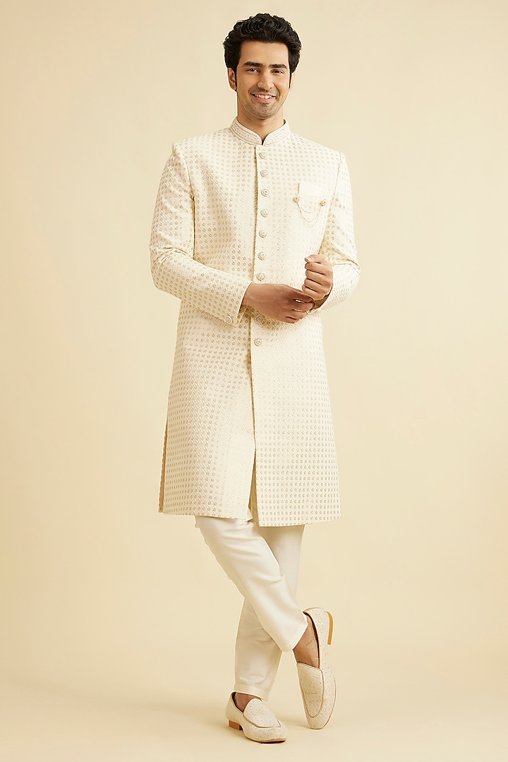 Cream Georgette Sequins Embroidered Sherwani Set by Manyavar at Pernia's Pop Up Shop