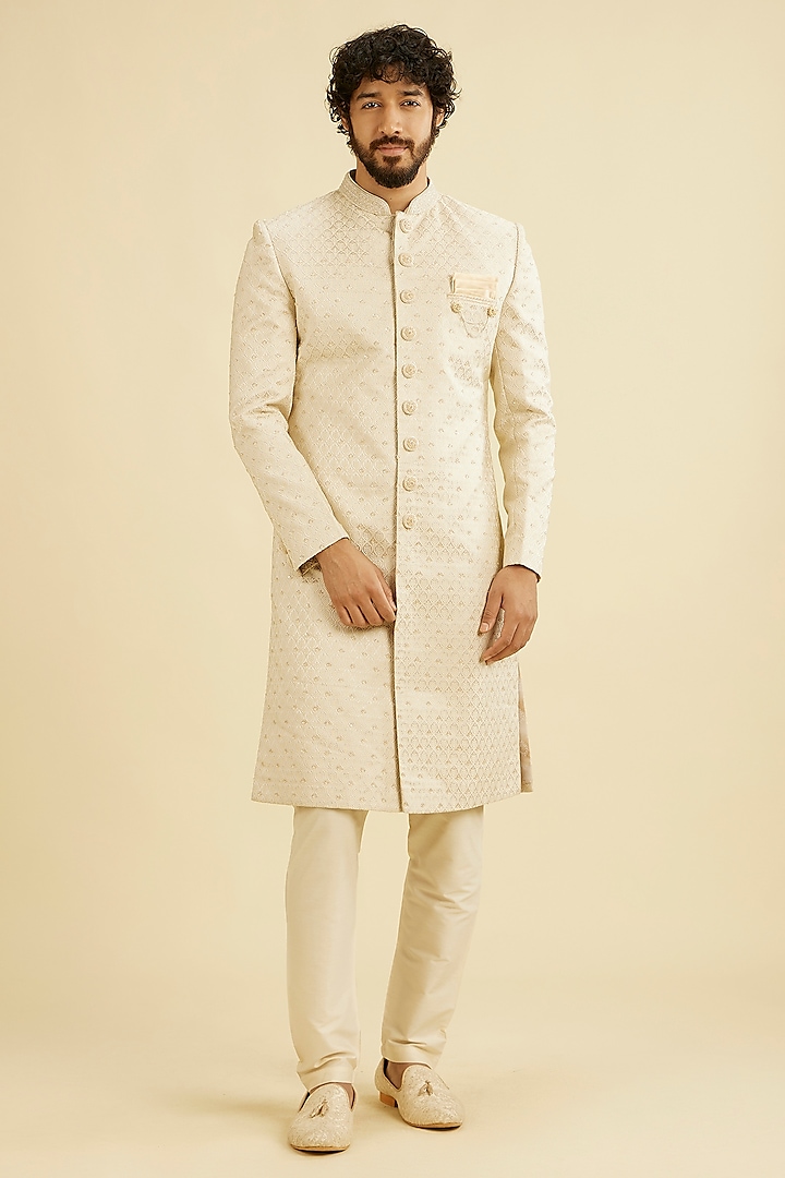 Beige Art Silk Zardosi Hand Embroidered Sherwani Set by Manyavar at Pernia's Pop Up Shop