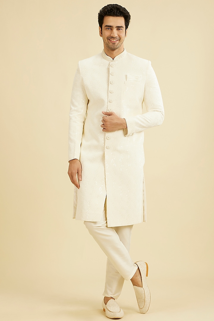 Cream Georgette Sequins Work Sherwani Set by Manyavar at Pernia's Pop Up Shop