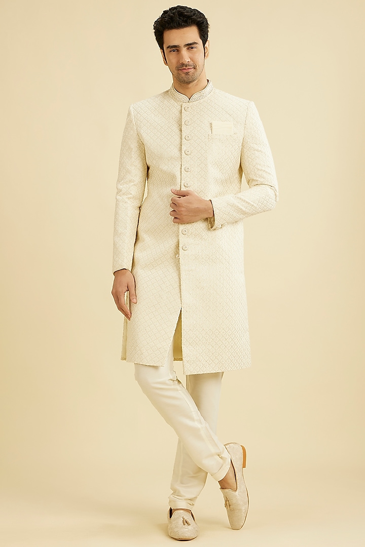 Cream Georgette Thread Hand Embroidered Sherwani Set by Manyavar at Pernia's Pop Up Shop