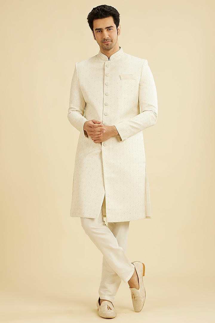 Warm White Brocade Beads Work Sherwani Set by Manyavar at Pernia's Pop Up Shop