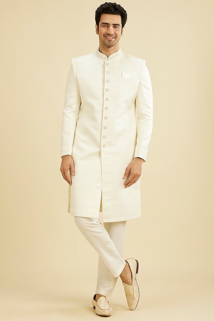 White Brocade Self Design Sherwani Set by Manyavar at Pernia's Pop Up Shop