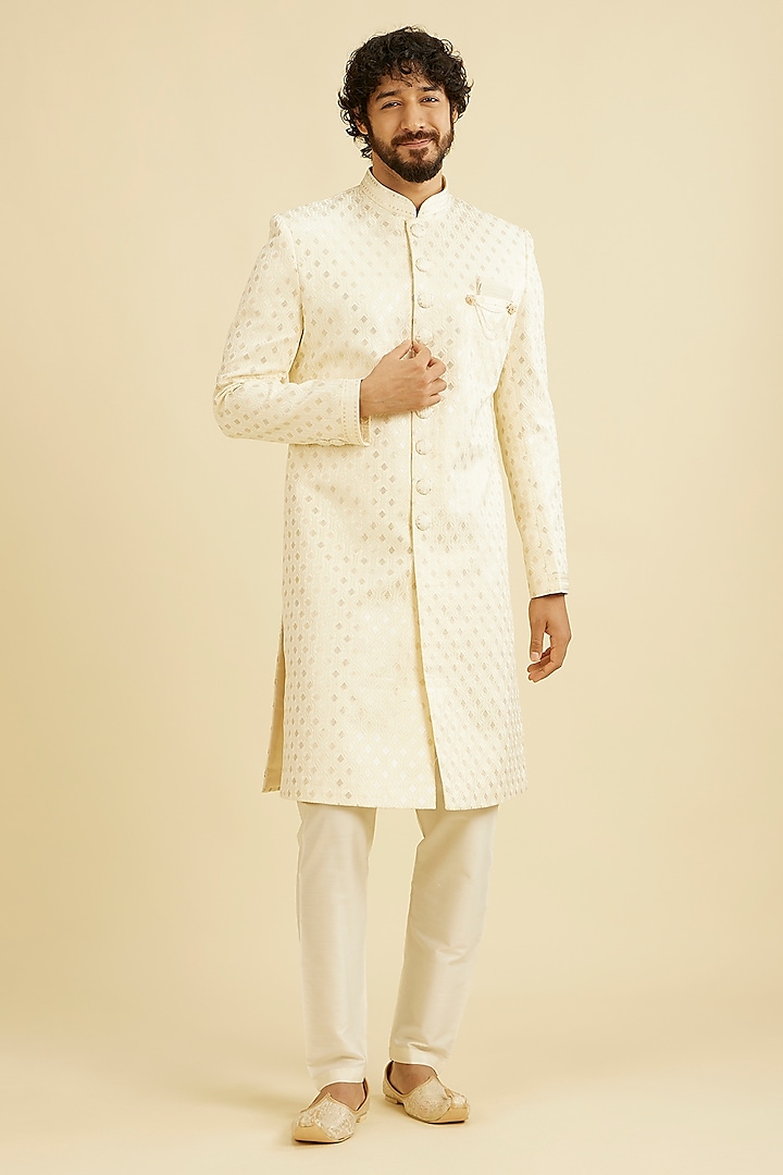 Cream Satin Sequins Embroidered Sherwani Set by Manyavar at Pernia's Pop Up Shop