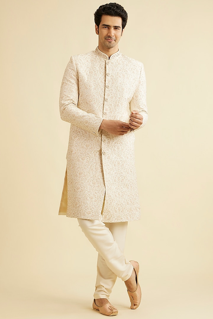 Beige Art Silk Stone Work Sherwani Set by Manyavar at Pernia's Pop Up Shop