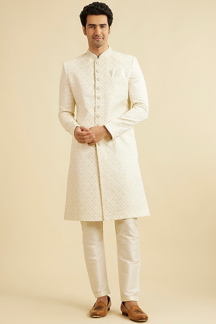 Cream Satin Self Textured Sherwani Set by Manyavar at Pernia's Pop Up Shop