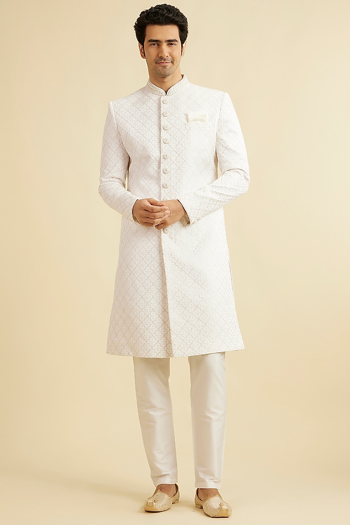 Warm White Satin Self Textured Sherwani Set by Manyavar at Pernia's Pop Up Shop