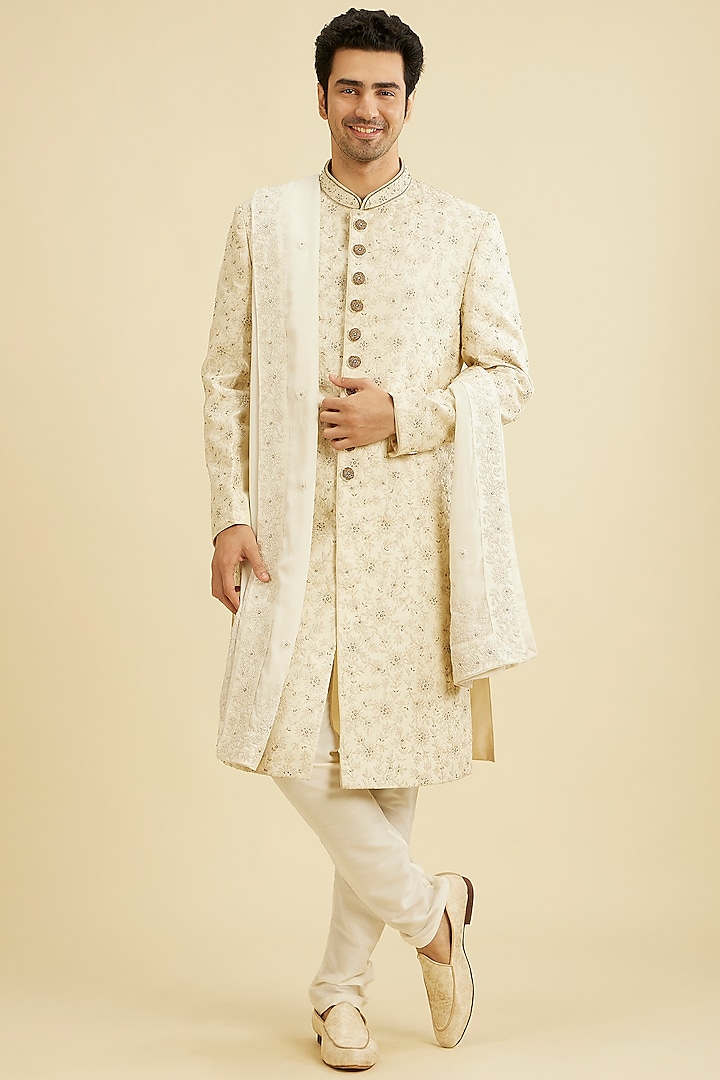 Cream Art Silk Hand Embroidered Wedding Sherwani Set by Manyavar at Pernia's Pop Up Shop