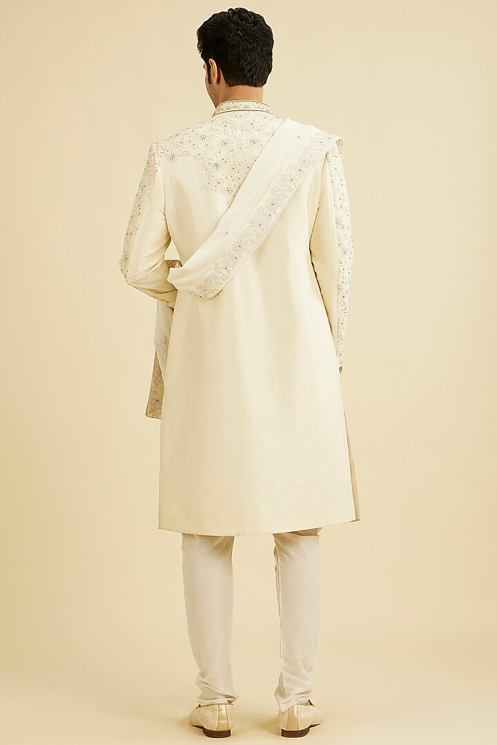 Cream Art Silk Hand Embroidered Wedding Sherwani Set by Manyavar at Pernia's Pop Up Shop