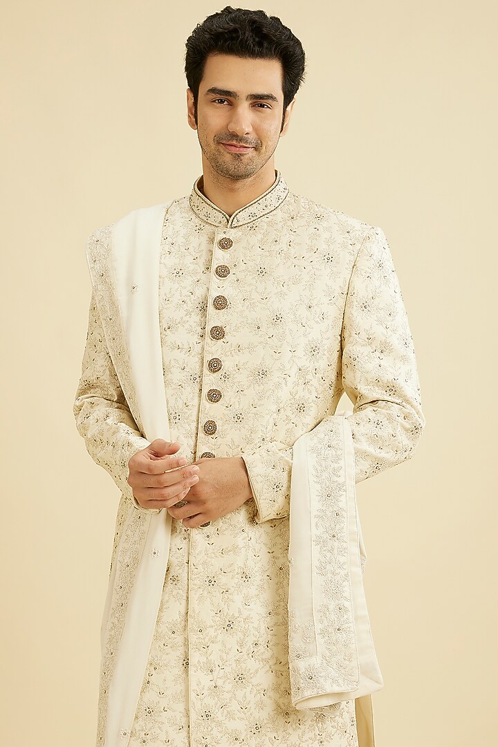 Cream Art Silk Hand Embroidered Wedding Sherwani Set by Manyavar at Pernia's Pop Up Shop