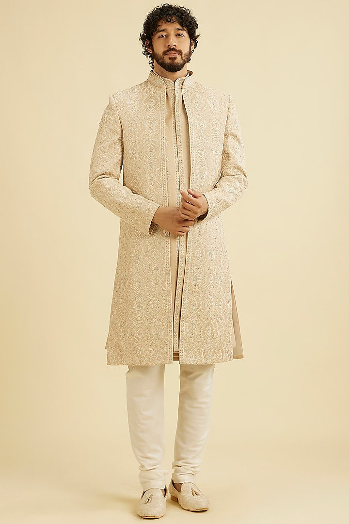 Fawn Art Silk Sequins Work Wedding Sherwani Set by Manyavar at Pernia's Pop Up Shop