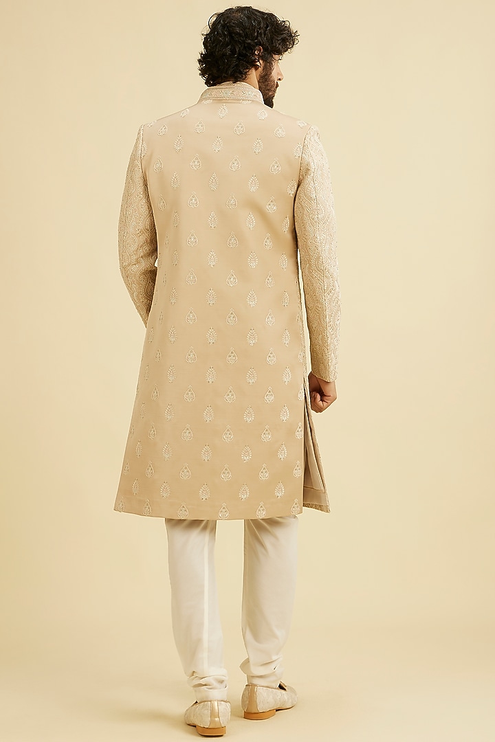 Fawn Art Silk Sequins Work Wedding Sherwani Set by Manyavar at Pernia's Pop Up Shop