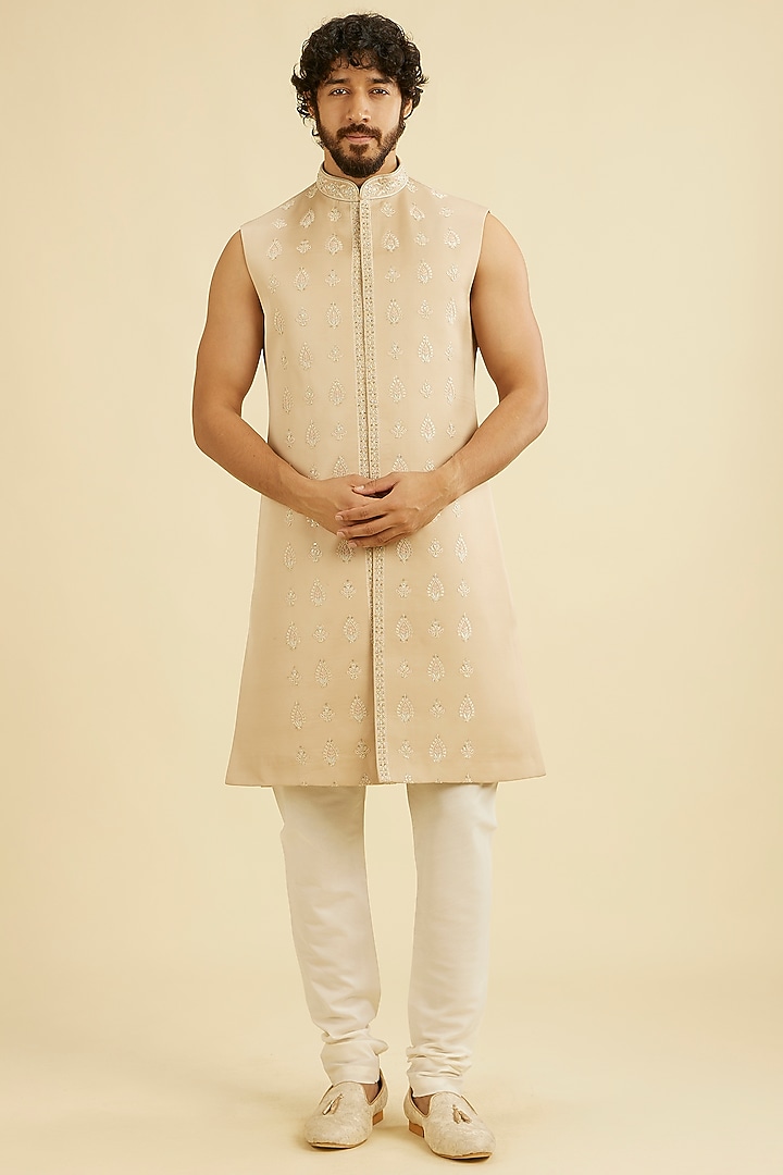 Fawn Art Silk Sequins Work Wedding Sherwani Set by Manyavar at Pernia's Pop Up Shop