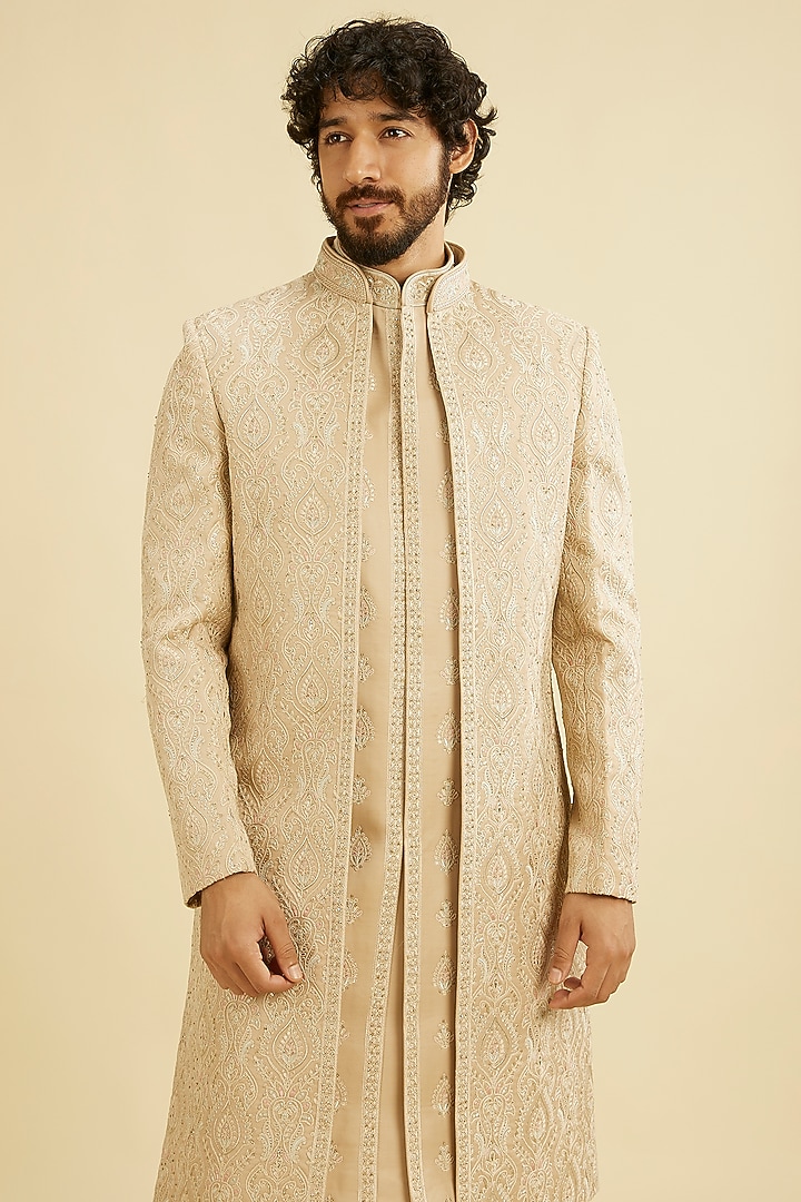 Fawn Art Silk Sequins Work Wedding Sherwani Set by Manyavar at Pernia's Pop Up Shop