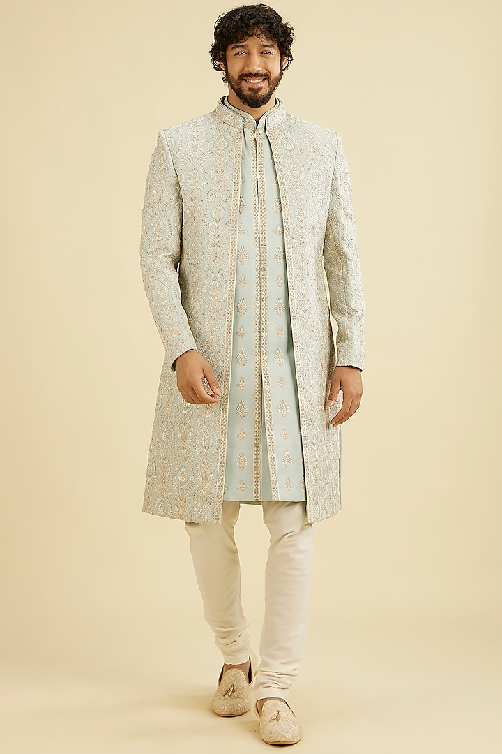 Grey Art Silk Sequins Embroidered Wedding Sherwani Set by Manyavar at Pernia's Pop Up Shop