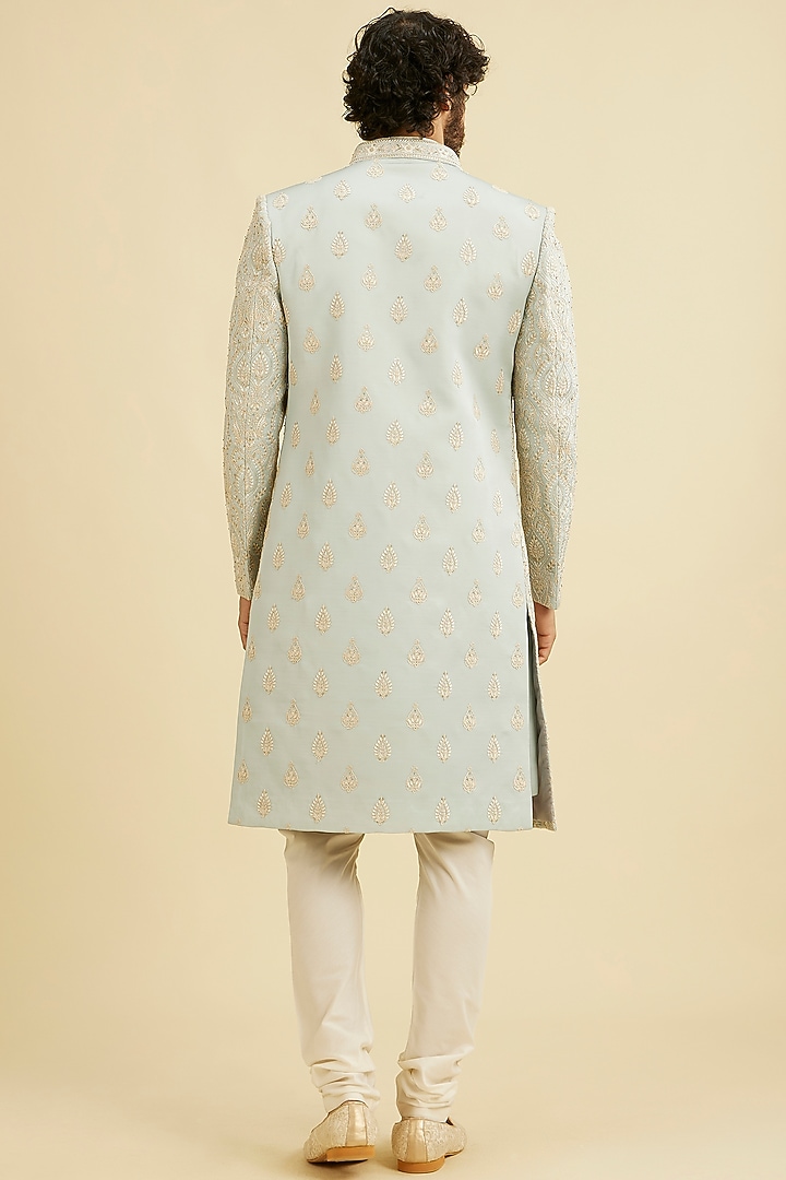 Grey Art Silk Sequins Embroidered Wedding Sherwani Set by Manyavar at Pernia's Pop Up Shop