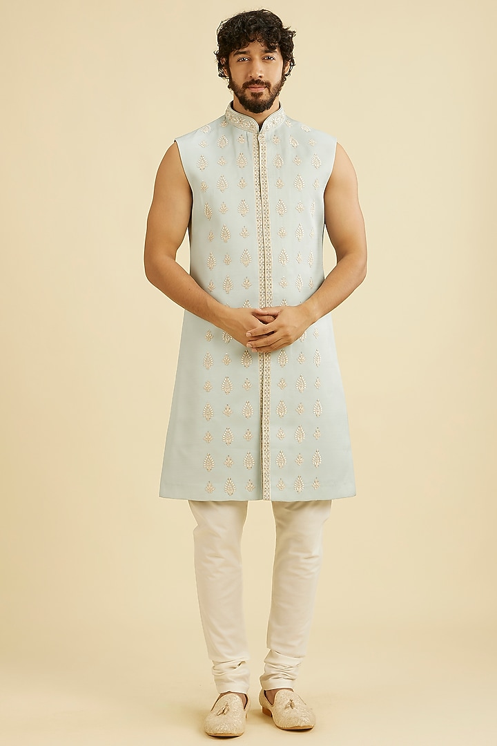Grey Art Silk Sequins Embroidered Wedding Sherwani Set by Manyavar at Pernia's Pop Up Shop