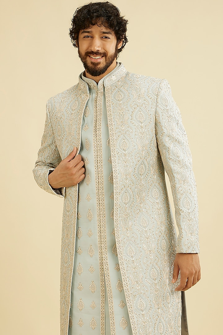 Grey Art Silk Sequins Embroidered Wedding Sherwani Set by Manyavar
