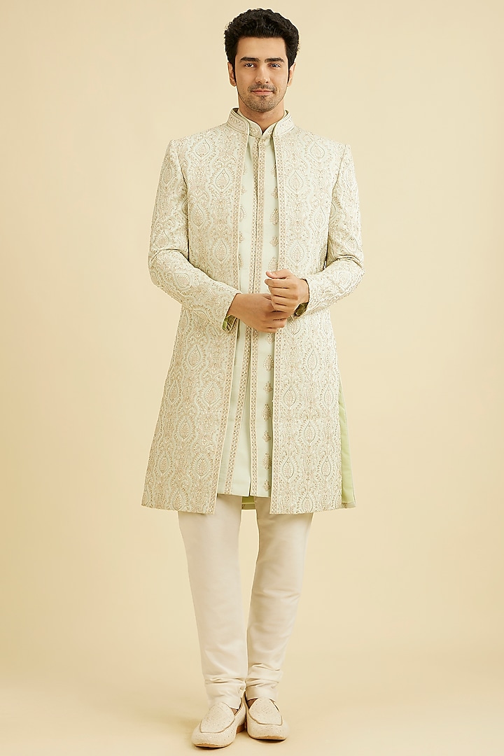 Green Art Silk Sequins Embroidered Wedding Sherwani Set by Manyavar at Pernia's Pop Up Shop