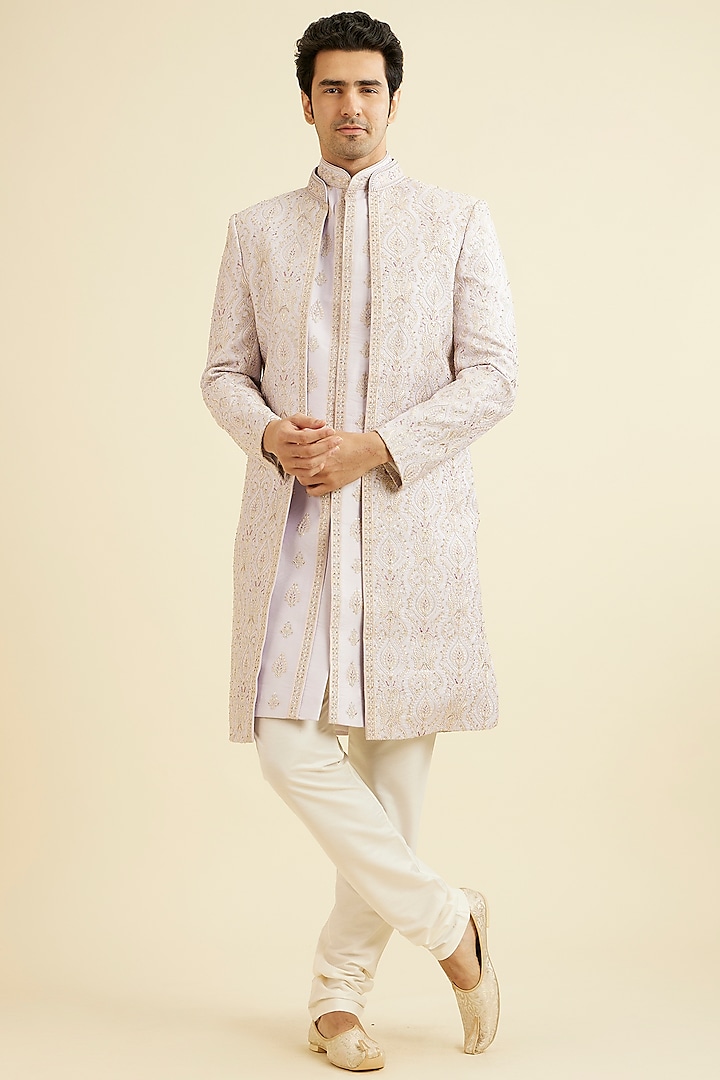 Purple Art Silk Thread Embroidered Wedding Sherwani Set by Manyavar at Pernia's Pop Up Shop