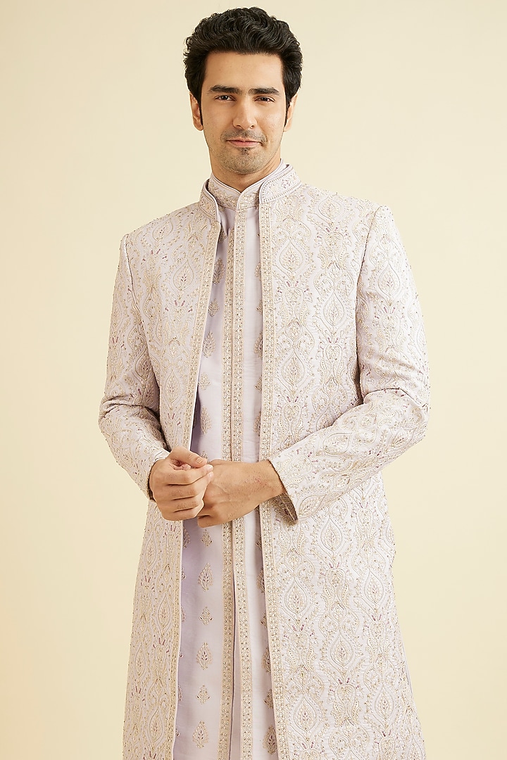 Purple Art Silk Thread Embroidered Wedding Sherwani Set by Manyavar at Pernia's Pop Up Shop