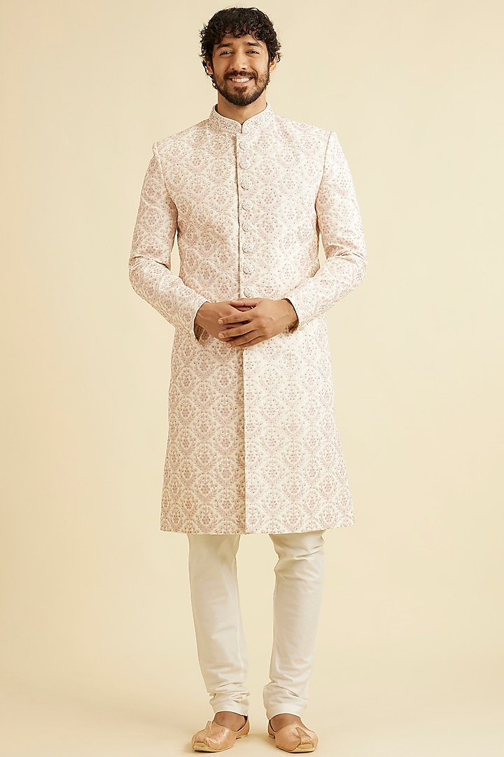 Cream Art Silk Stone Embroidered Wedding Sherwani Set by Manyavar at Pernia's Pop Up Shop