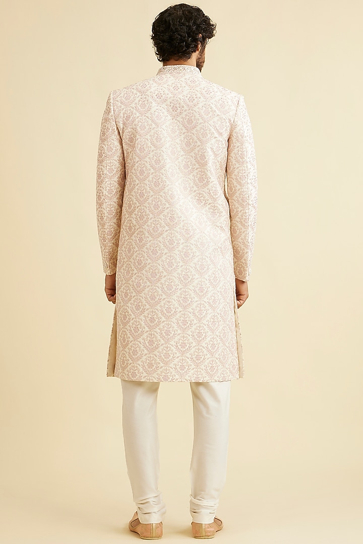 Cream Art Silk Stone Embroidered Wedding Sherwani Set by Manyavar at Pernia's Pop Up Shop