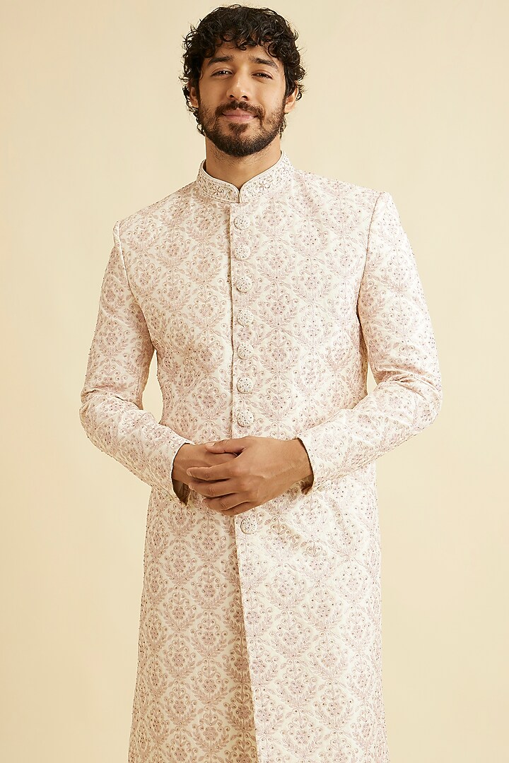 Cream Art Silk Stone Embroidered Wedding Sherwani Set by Manyavar at Pernia's Pop Up Shop