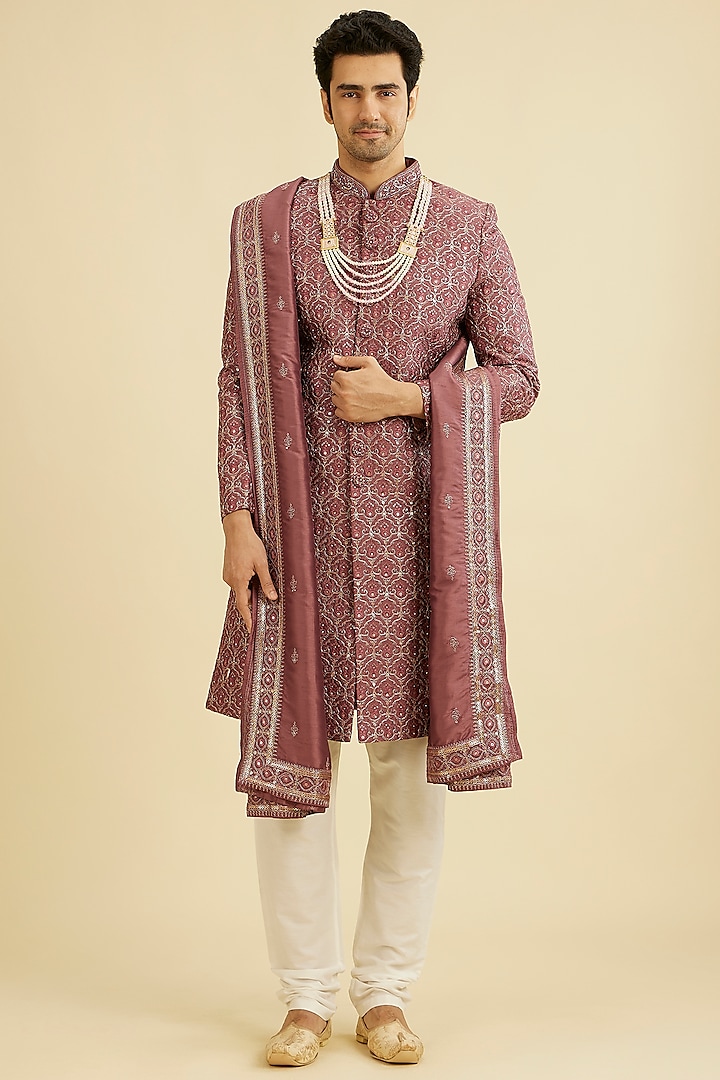 Pink Art Silk Thread Hand Embroidered Wedding Sherwani Set by Manyavar at Pernia's Pop Up Shop