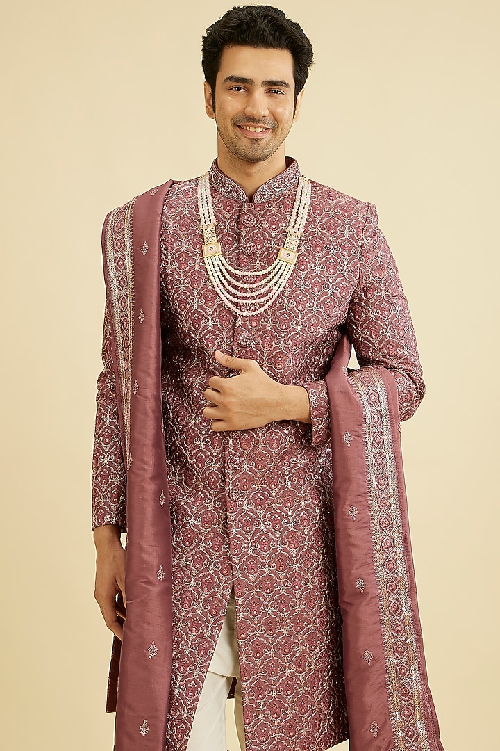 Pink Art Silk Thread Hand Embroidered Wedding Sherwani Set by Manyavar at Pernia's Pop Up Shop