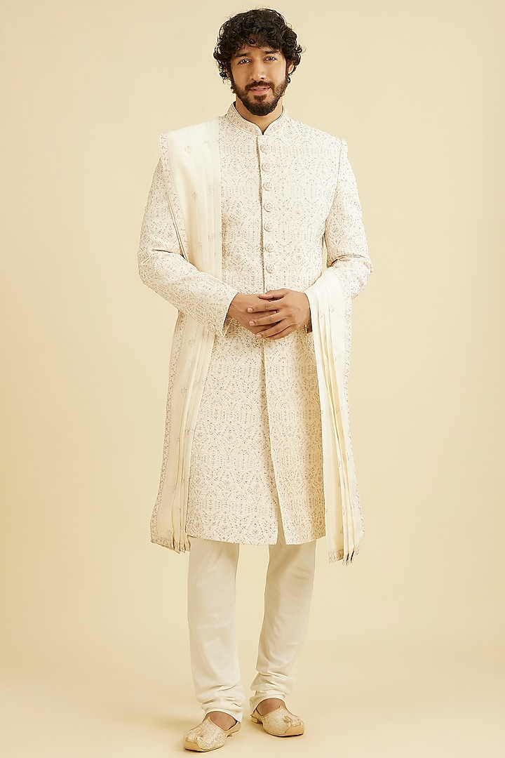 Cream Art Silk Thread Hand Embroidered Wedding Sherwani Set by Manyavar at Pernia's Pop Up Shop