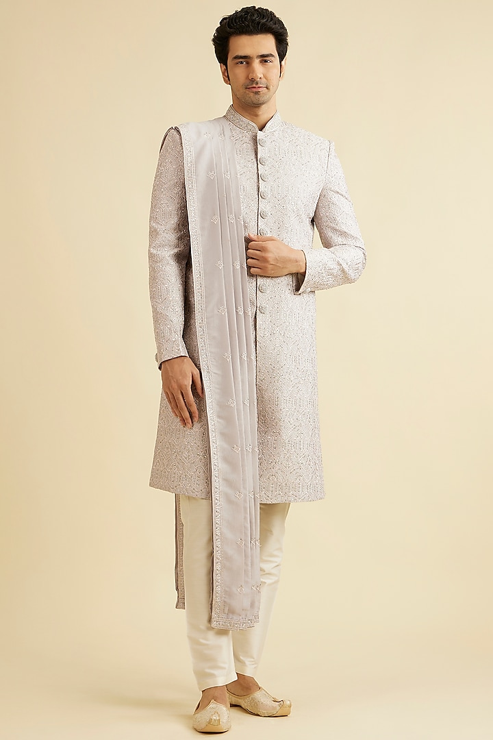 Grey Art Silk Thread Hand Embroidered Wedding Sherwani Set by Manyavar at Pernia's Pop Up Shop